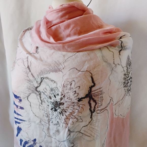 Women's Large Silky Light Pink & White Floral Sheer Scarf / Wrap With Raw Hem - Picture 2 of 10